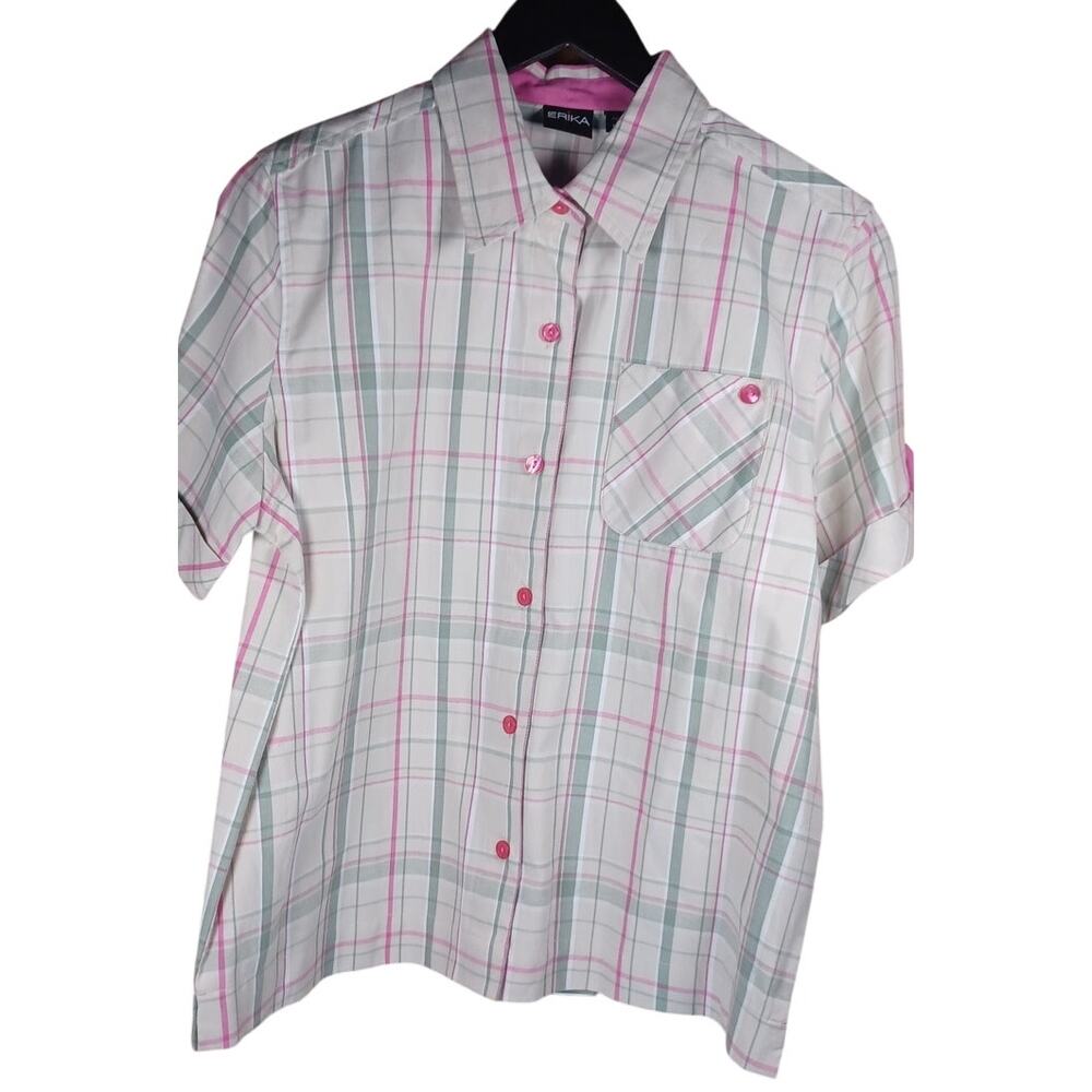 VTG Erika Women's Medium Plaid Button Down Shirt Short Sleeve Pink Green White